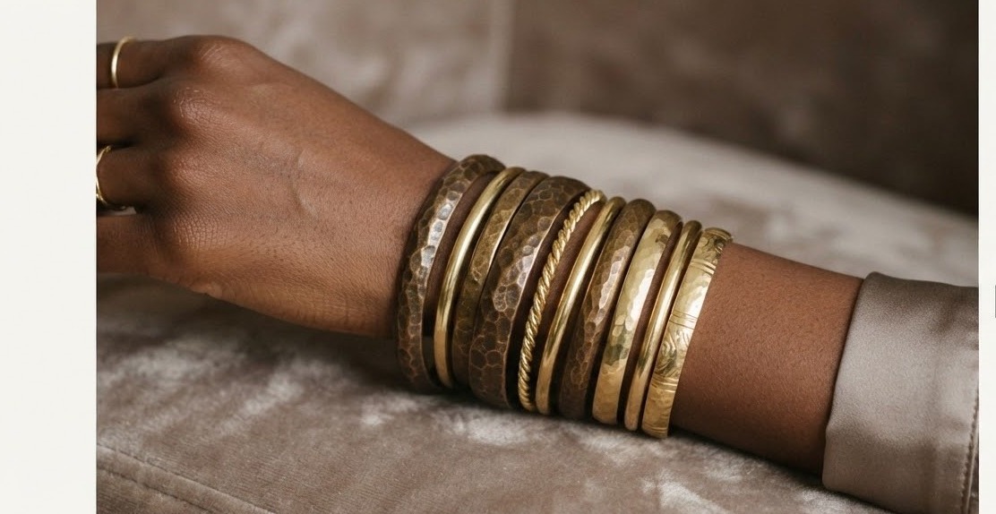 Hammered bronze and gold bangles