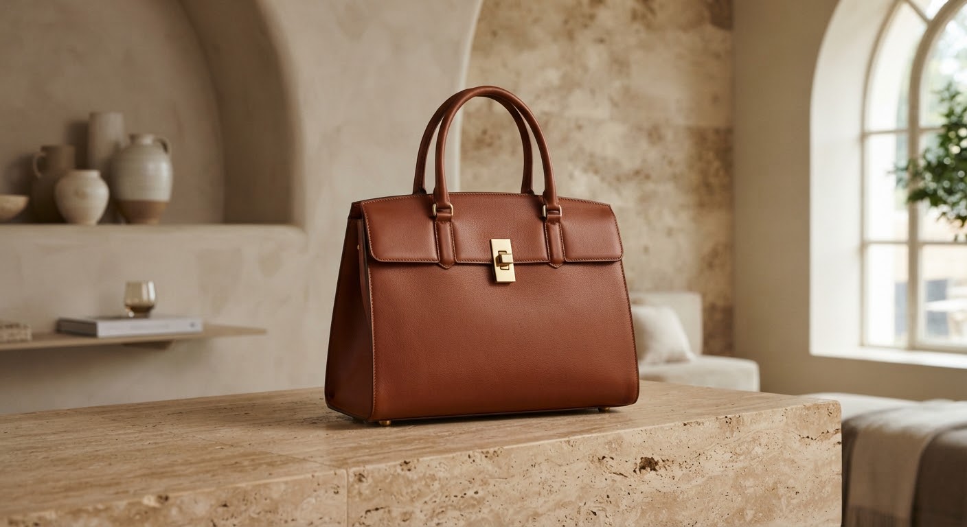 Cognac leather tote with brass clasp