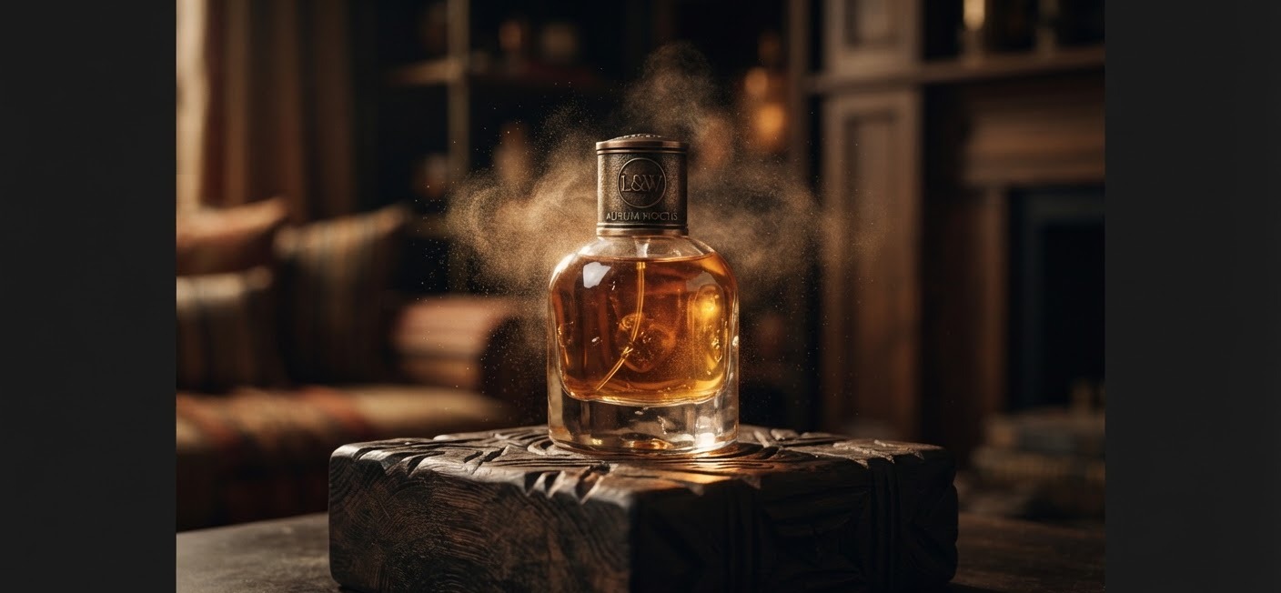 Artisanal perfume flacon on ebony wood