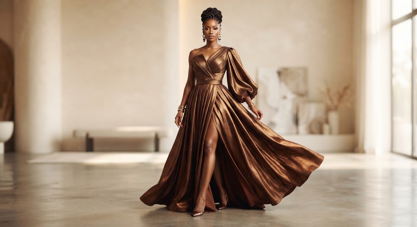 Editorial portrait in a bronze tailored evening gown