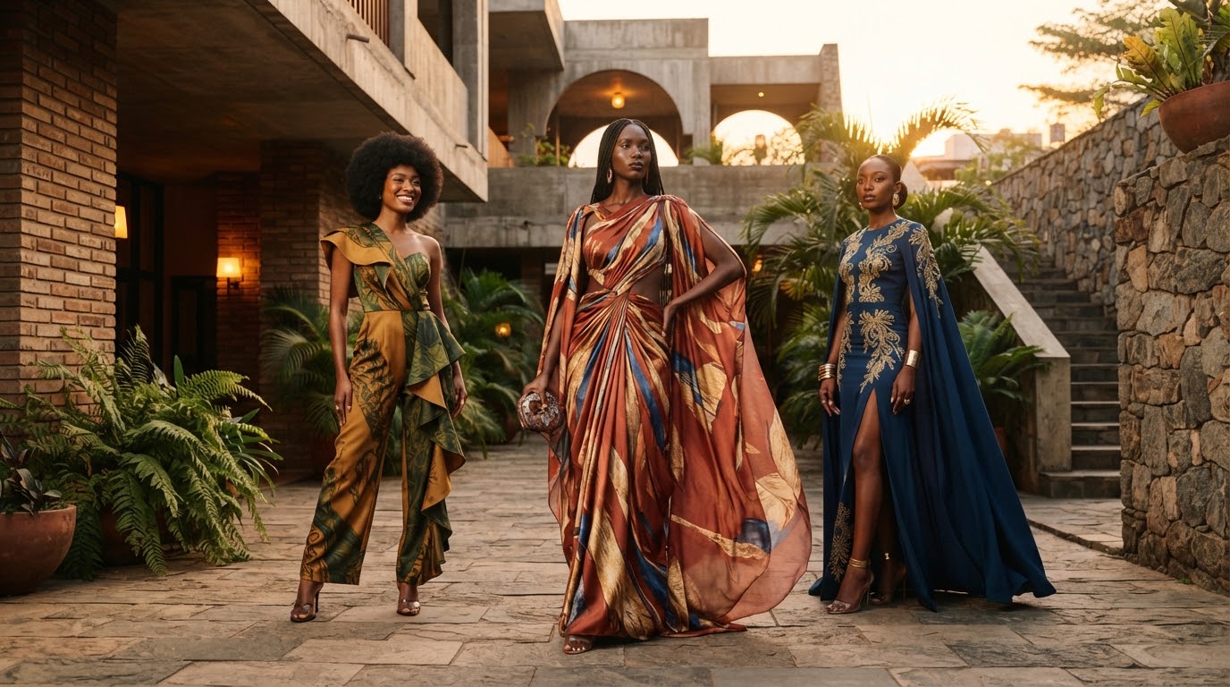 Models in contemporary African couture in a Yaoundé courtyard